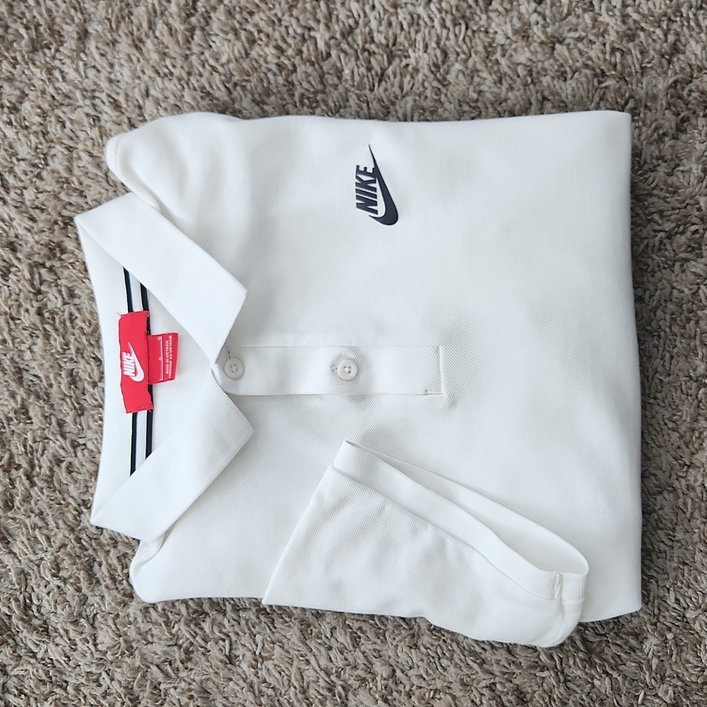 Nike Short Sleeve Polo Men's L SLIM FIT White Swoosh Spellout Cotton EUC